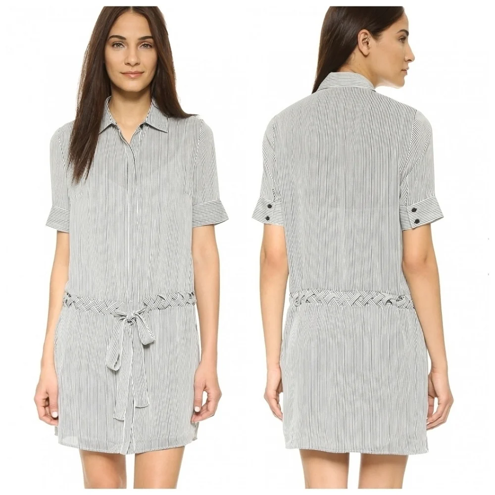 Bailey44 Dress Sz Small Desperado Striped Crepe Drawstring Waist White Black